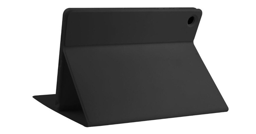 Czarne etui na tablet ustawione w pozycji stojącej, z otworem na kamerę w górnym rogu.