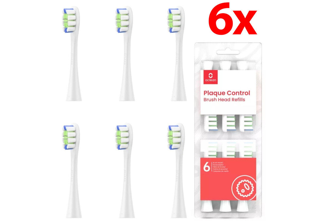 Obraz przedstawia sześć białych końcówek szczoteczek do zębów z zielonymi i niebieskimi włoskami oraz opakowanie z napisem \'oclean Plaque Control Brush Head Refills\'. Widoczny jest również duży czerwony napis \'6x\'.
