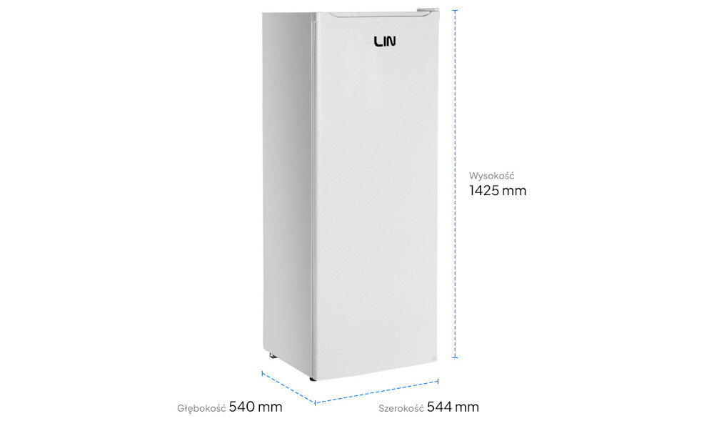 Biała zamrażarka szufladowa z logo \'LIN\' na górze drzwi. Wymiary: wysokość 1425 mm, szerokość 544 mm, głębokość 540 mm.
