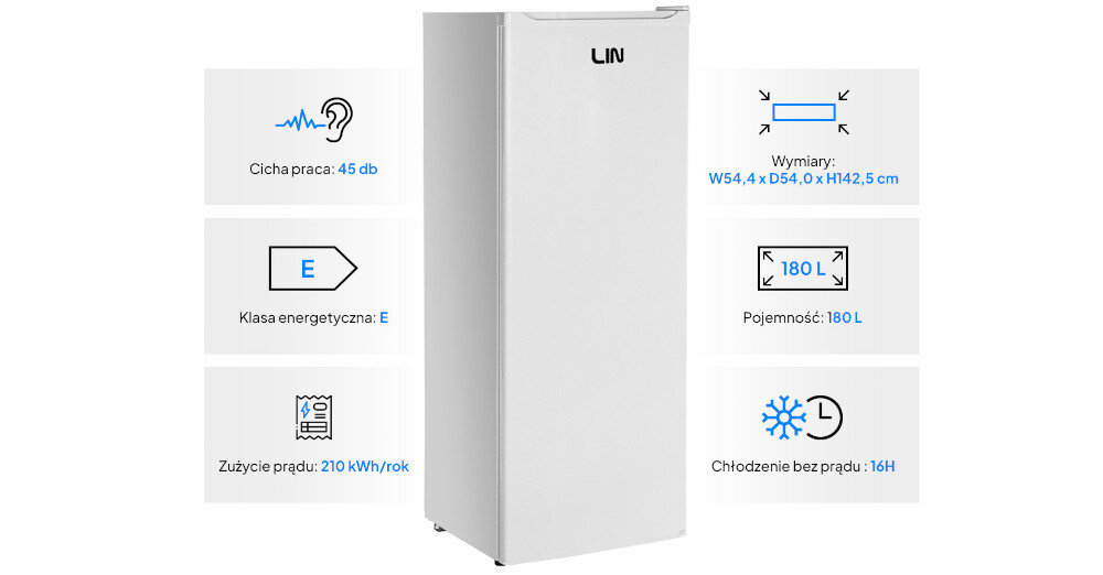 Biała zamrażarka szufladowa z logo LIN, o wymiarach W54,4 x D54,0 x H142,5 cm i pojemności 180L. Informacje dodatkowe: cicha praca 45 dB, klasa energetyczna E, zużycie prądu 210 kWh/rok, chłodzenie bez prądu 16H.