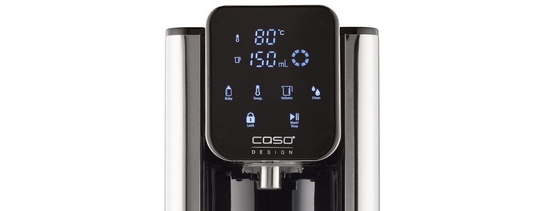 Dyspenser do wody z wyświetlaczem pokazującym temperaturę 80°C i objętość 150 mL. Widoczne są ikony funkcji oraz logo \'CASO DESIGN\'.