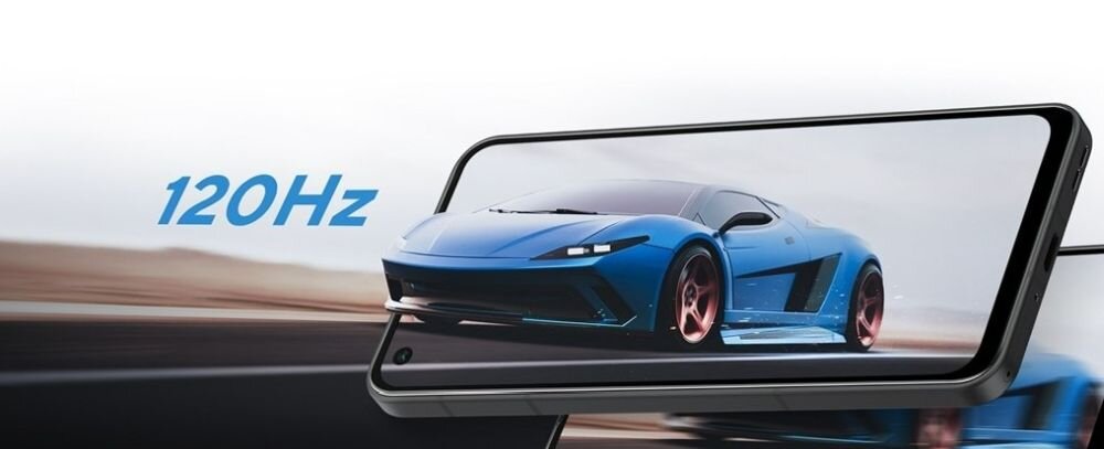 Smartfon wyświetla obraz niebieskiego samochodu sportowego w ruchu. Obok telefonu widoczny jest napis \'120Hz\'.