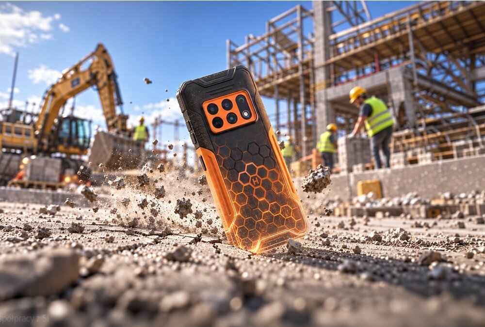 Smartfon HAMMER Construction 3 5G pomarańczowy z technologią HEXCore, prezentowany w trudnych warunkach na placu budowy