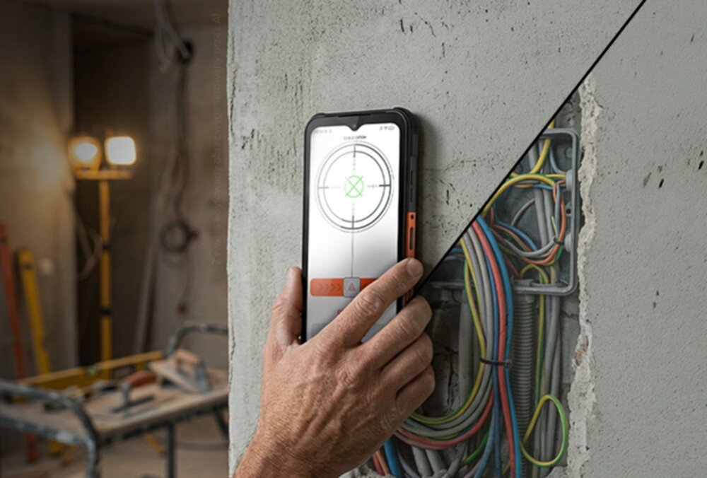 Smartfon HAMMER Construction 3 5G używany jako detektor kabli, sygnalizujący brak wykrycia przewodów w ścianie
