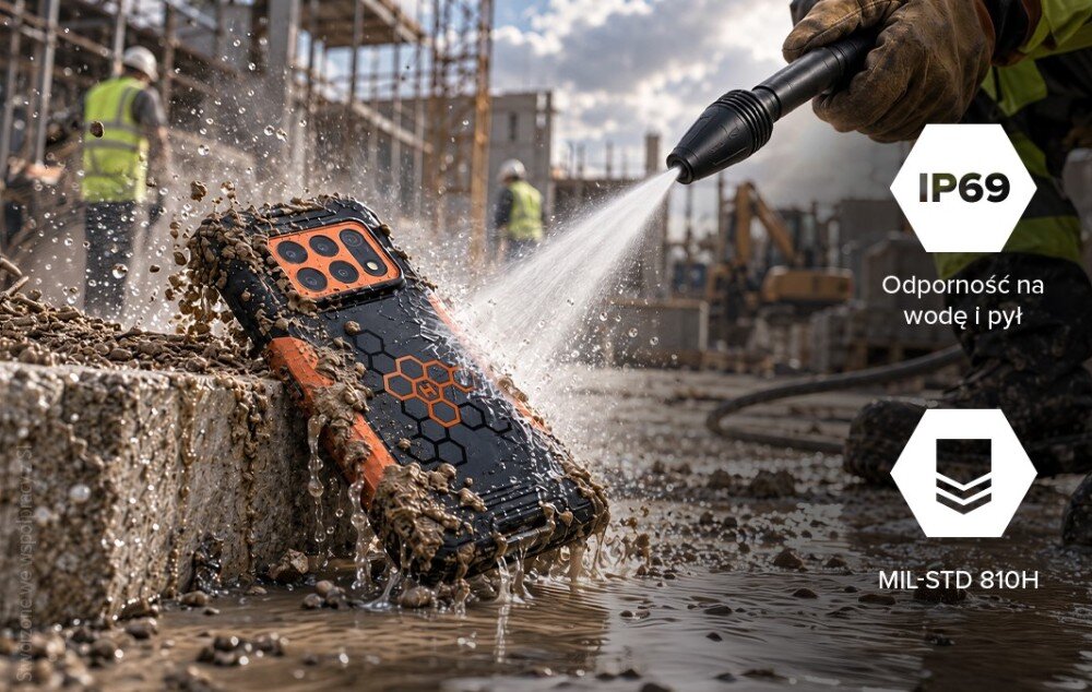 Smartfon HAMMER Construction 3 5G polewany wodą i zabrudzony błotem, z oznaczeniami odporności IP69 i MIL-STD 810H