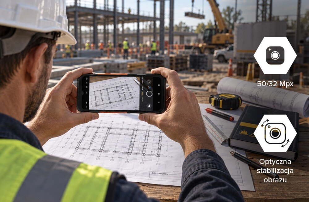 Smartfon HAMMER Construction 3 5G z aparatami 50/32 Mpx i optyczną stabilizacją obrazu, używany do fotografowania planów budowlanych