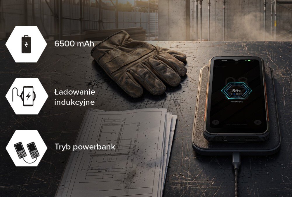 Smartfon HAMMER Construction 3 5G z baterią 6500 mAh, ładowaniem indukcyjnym i trybem powerbank