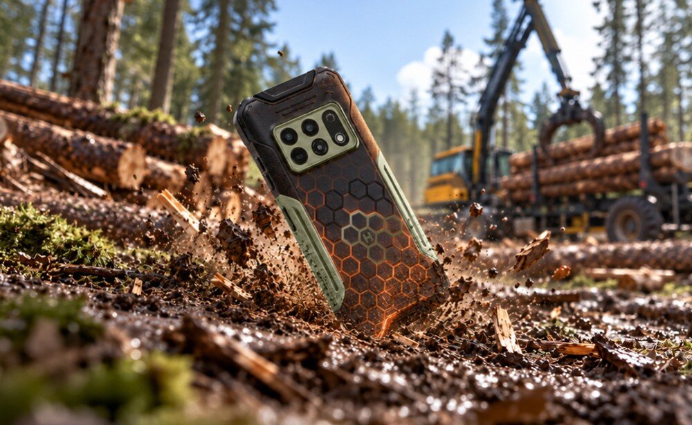 Smartfon HAMMER Construction 3 5G Military Edition z technologią HEXCore, prezentowany w trudnych warunkach podczas prac leśnych