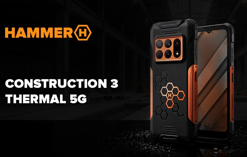 Smartfon HAMMER Construction 3 Thermal 5G pomarańczowy pokazany z przodu i z tyłu na ciemnym tle