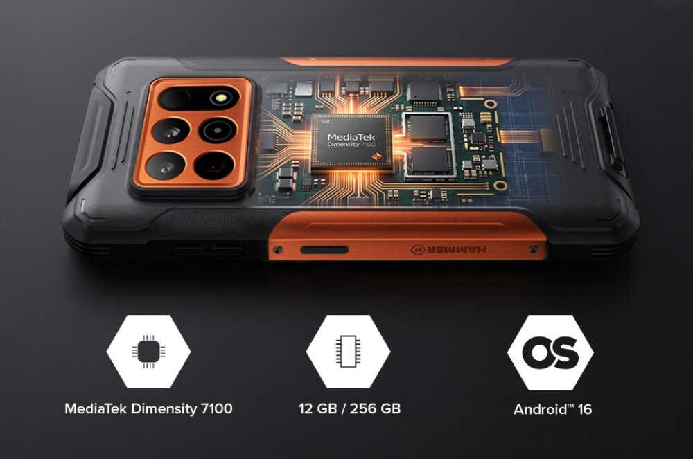 Smartfon HAMMER Construction 3 Thermal 5G z wizualizacją procesora MediaTek Dimensity 7100 i ikonami: pamięci 12/256 GB, systemu Android™ 16