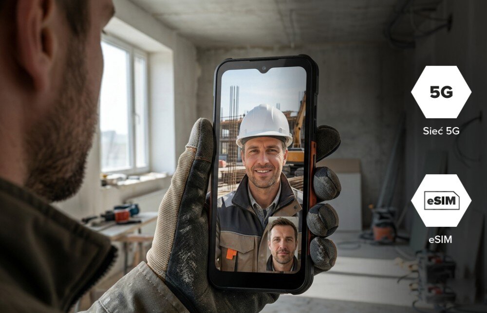 Smartfon HAMMER Construction 3 Thermal 5G podczas wideorozmowy na budowie, z oznaczeniami sieci 5G i eSIM