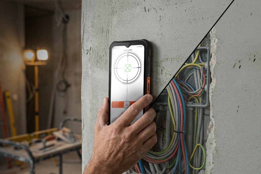 Smartfon HAMMER Construction 3 Thermal 5G używany jako detektor kabli, z wizualizacją przewodów instalacji elektrycznej w ścianie