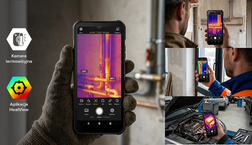 Smartfon HAMMER Construction 3 Thermal 5G z kamerą termowizyjną i aplikacją HeatView do kontroli temperatury m.in. instalacji, okien czy silnika