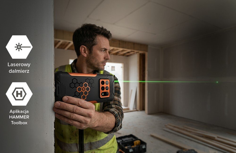 Smartfon HAMMER Construction 3 Thermal 5G z laserowym dalmierzem i aplikacją HAMMER Toolbox podczas prac budowlanych
