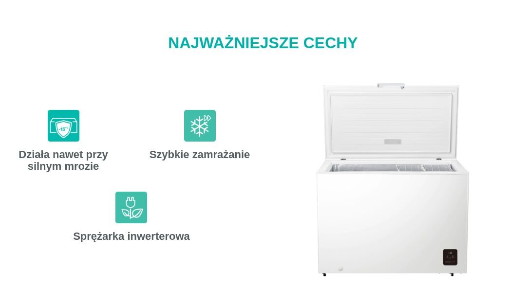Obraz przedstawia białą zamrażarkę skrzyniową z otwartą pokrywą. Po lewej stronie znajdują się ikony z tekstem: \'Działa nawet przy silnym mrozie\', \'Szybkie zamrażanie\', \'Sprężarka inwerterowa\'.