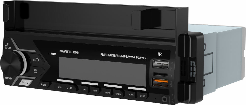 Czarne radio samochodowe z wyświetlaczem i przyciskami, oznaczone jako NAVITEL RD6. Widoczne są porty USB, gniazdo na kartę SD oraz przyciski funkcyjne z napisami takimi jak MUTE, REC, EQ, CLK.