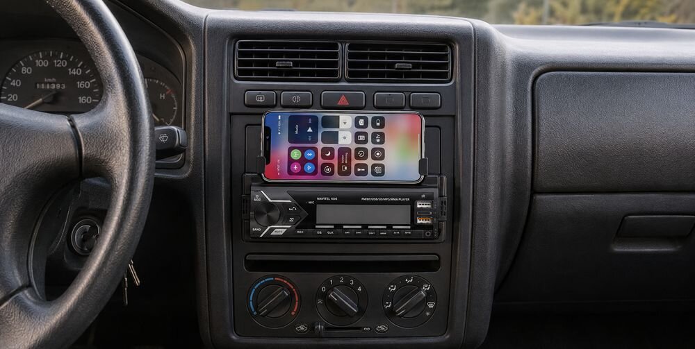 Wnętrze samochodu z zamontowanym radiem NAVITEL RD6 Bluetooth Pilot. Na ekranie radia widoczny jest interfejs z ikonami i przyciskami sterowania.
