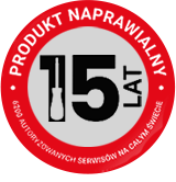 Czerwone koło z napisem \'PRODUKT NAPRAWIALNY 15 LAT\' oraz ikoną śrubokręta. Dookoła napis \'6200 AUTORYZOWANYCH SERWISÓW NA CAŁYM ŚWIECIE\'.