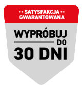 Grafika przedstawia szary znak z czerwonym nagłówkiem, na którym widnieje tekst: \'SATYSFAKCJA GWARANTOWANA\'. Poniżej znajduje się napis \'WYPRÓBUJ DO 30 DNI\'.
