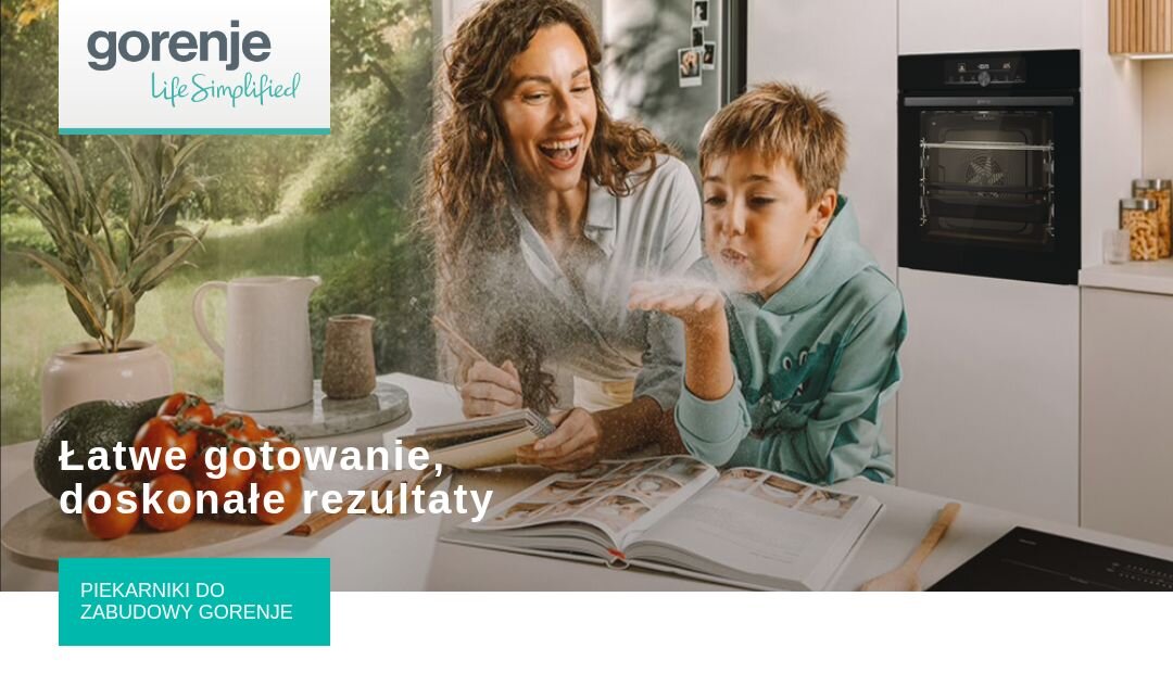 Na obrazie widać kobietę i dziecko w kuchni, obok otwartej książki kucharskiej. Widoczny jest tekst: \'Łatwe gotowanie, doskonałe rezultaty\' oraz \'PIEKARNIKI DO ZABUDOWY GORENJE\'.