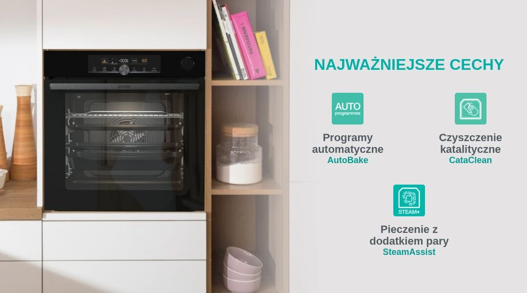 Na obrazie widoczny jest czarny piekarnik w zabudowie oraz półka z książkami i naczyniami. Obok znajdują się napisy: \'NAJWAŻNIEJSZE CECHY\', \'Programy automatyczne AutoBake\', \'Czyszczenie katalityczne CataClean\', \'Pieczenie z dodatkiem pary SteamAssist\'.