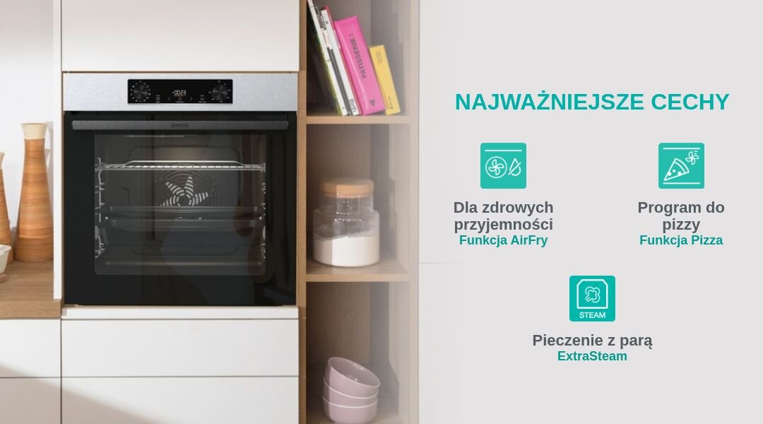 Na obrazie widoczny jest piekarnik w zabudowie kuchennej oraz tekst \'NAJWAŻNIEJSZE CECHY\' z ikonami i opisami: \'Dla zdrowych przyjemności Funkcja AirFry\', \'Program do pizzy Funkcja Pizza\', \'Pieczenie z parą ExtraSteam\'.