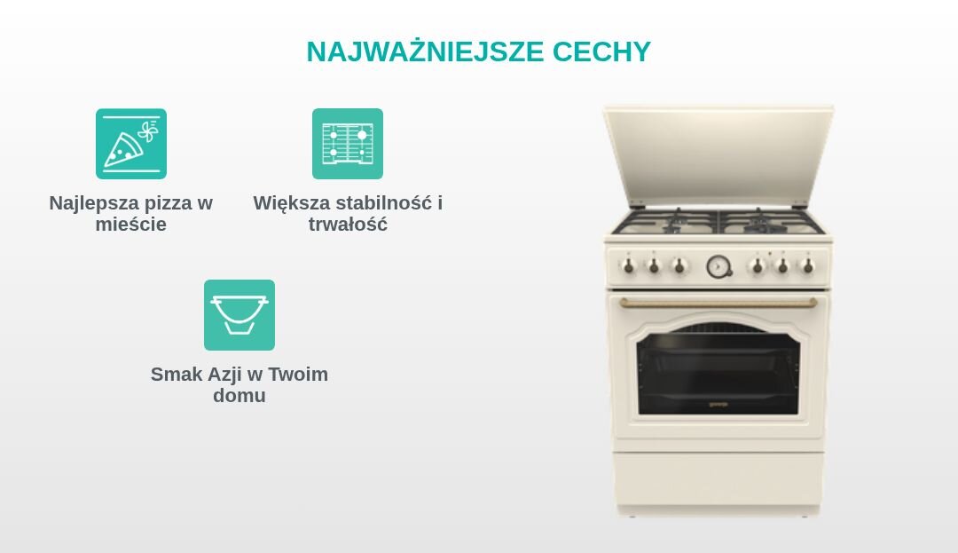 Obraz przedstawia kuchnię z piekarnikiem i czterema palnikami gazowymi. Po lewej stronie znajdują się ikony z tekstami: \'Najlepsza pizza w mieście\', \'Większa stabilność i trwałość\', \'Smak Azji w Twoim domu\'.