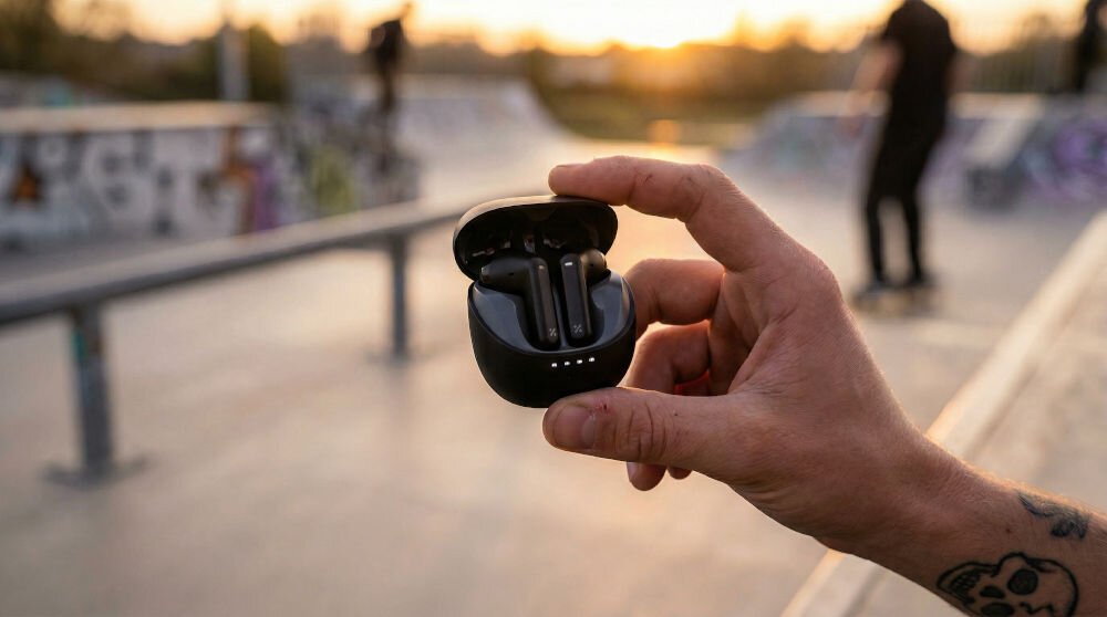 Osoba trzyma czarne słuchawki douszne w etui na tle skateparku o zachodzie słońca. Etui jest otwarte, ukazując słuchawki w środku.