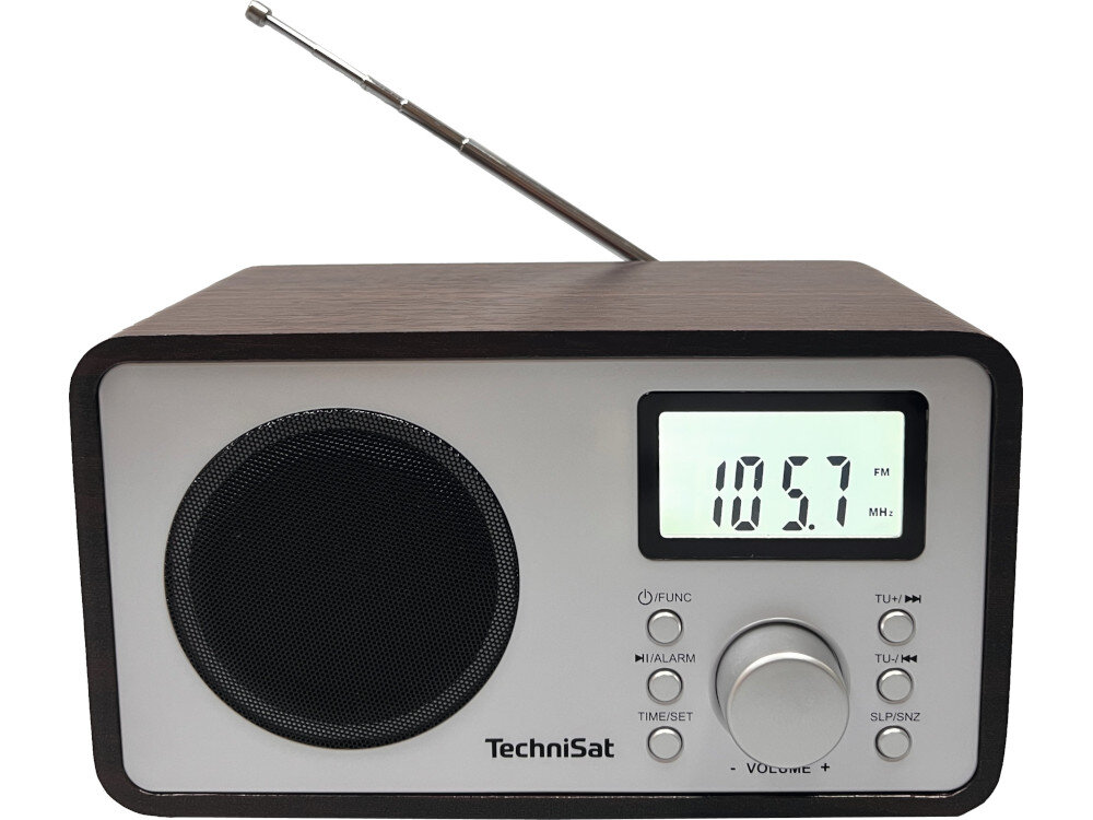 Radio z drewnianą obudową, wyświetlaczem pokazującym 105.7 FM oraz przyciskami funkcyjnymi i pokrętłem głośności. Widoczne logo: TechniSat.