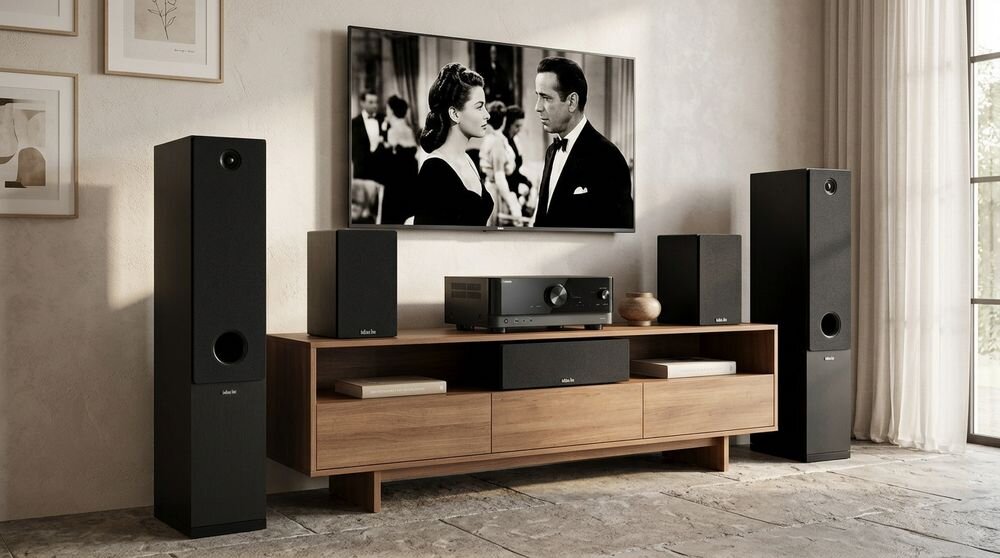 W salonie znajduje się zestaw stereo z czarnymi głośnikami i amplitunerem na drewnianej szafce. Na ścianie wisi telewizor wyświetlający czarno-biały film.