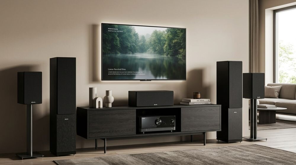 W salonie znajduje się zestaw stereo z czarnymi głośnikami i amplitunerem na ciemnej szafce. Na ścianie wisi telewizor wyświetlający obraz lasu nad jeziorem.