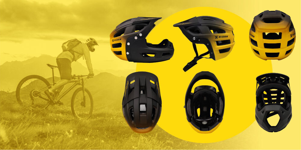 Obraz przedstawia czarno-żółty kask rowerowy XRIDER XR00FH01 z odkręcaną szczęką, widoczny z różnych perspektyw. W tle znajduje się rowerzysta na rowerze górskim na tle górskiego krajobrazu.