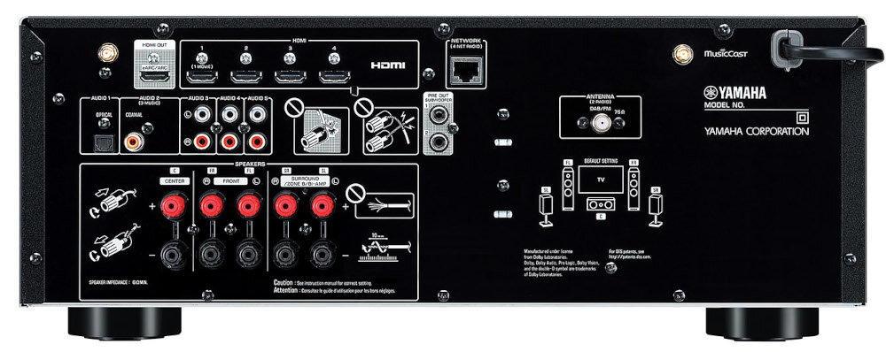 Tył amplitunera z różnymi złączami, w tym HDMI, audio i głośnikowymi. Widoczne logo \'YAMAHA\' oraz \'MusicCast\'.