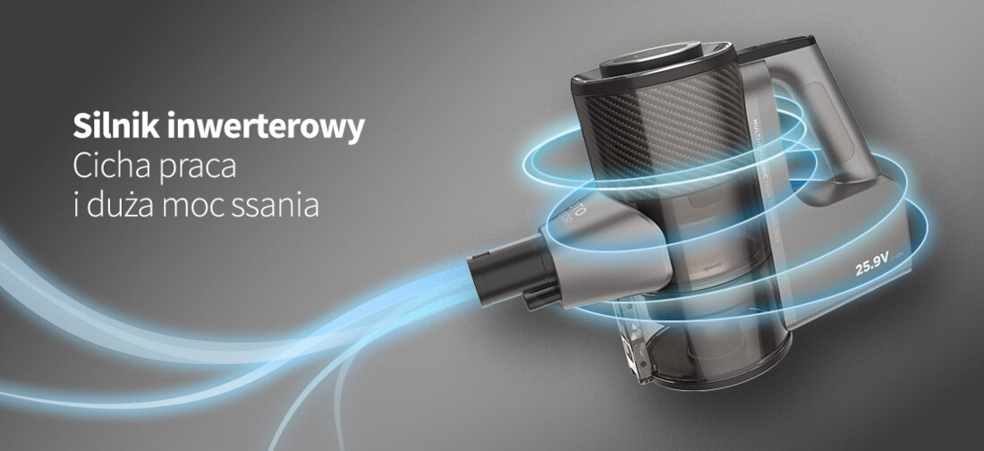 Obraz przedstawia odkurzacz pionowy z napisem \'Silnik inwerterowy Cicha praca i duża moc ssania\'. Wokół urządzenia widoczne są niebieskie linie symbolizujące przepływ powietrza.