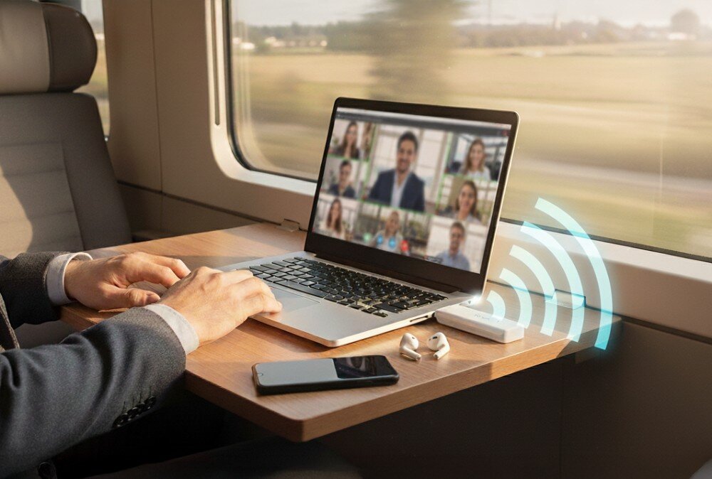 Osoba pracuje na laptopie podczas wideokonferencji, siedząc przy stoliku w pociągu. Obok laptopa znajduje się smartfon, słuchawki i urządzenie z ikoną sygnału Wi-Fi.