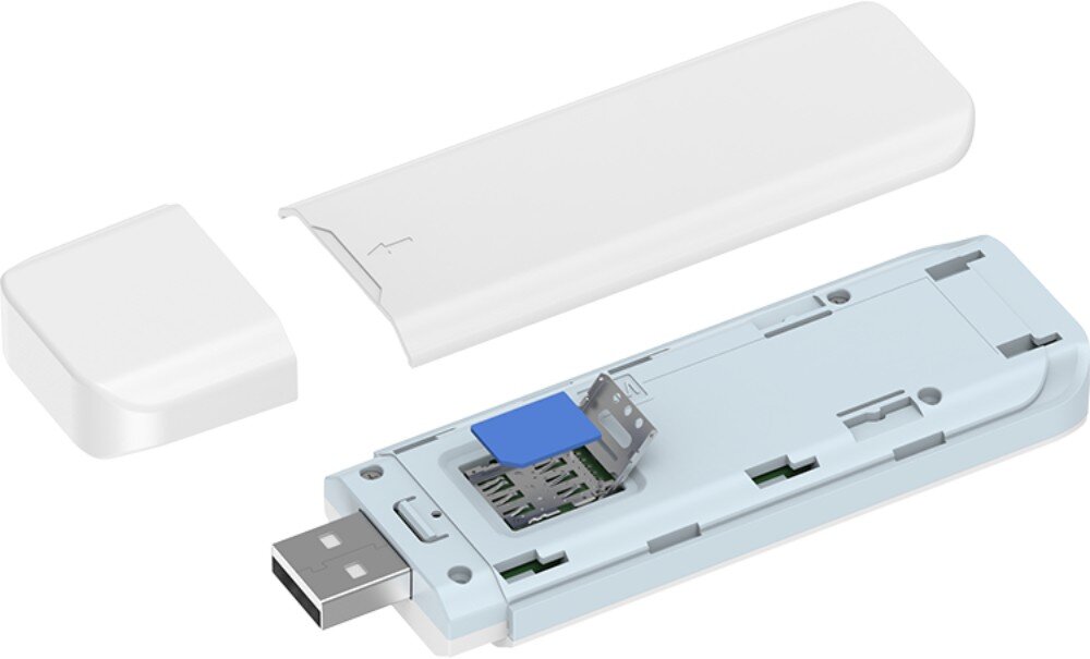 Obraz przedstawia biały modem USB z otwartą obudową, ukazującą miejsce na kartę SIM. Obok leży zdjęta pokrywa urządzenia.