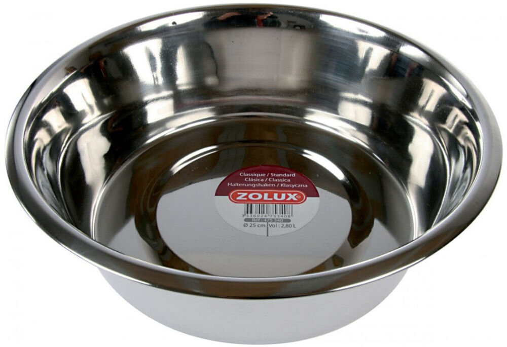 Miska dla psa i kota ZOLUX 475340 Metalowa miska z połyskiem, na której dnie znajduje się etykieta z napisem: ZOLUX Classique