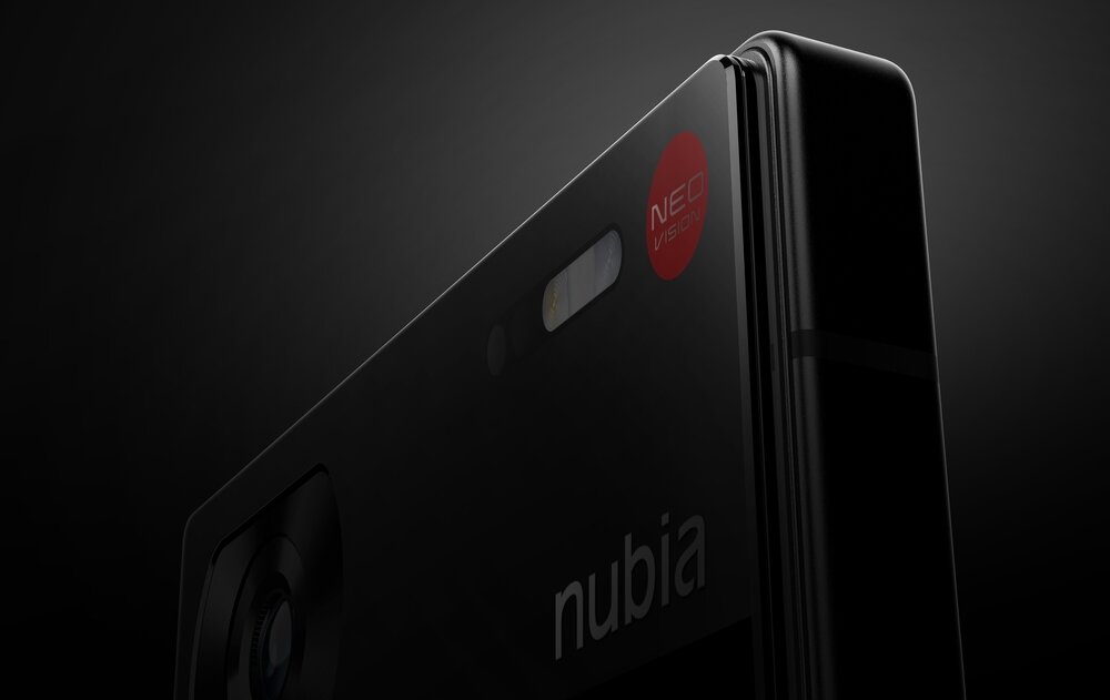 Zbliżenie na górną część czarnego smartfona z widocznym napisem \'nubia\' oraz czerwonym logo z tekstem \'NEO Vision\'.