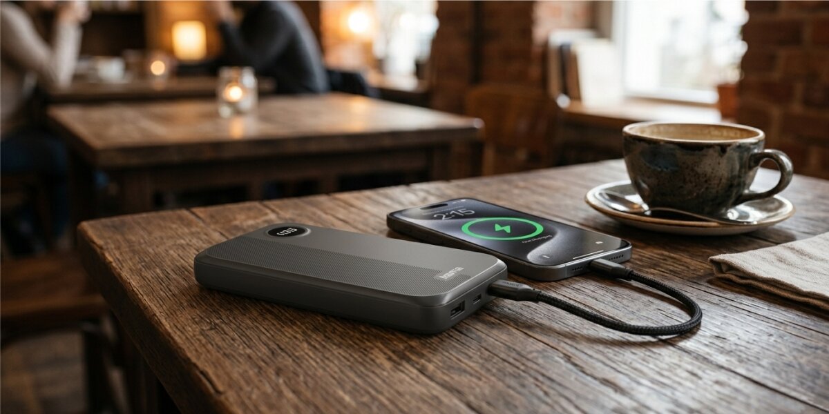 Na drewnianym stole znajduje się czarny powerbank z logo \'Hama\', obok którego leży smartfon z widocznym ekranem ładowania. W tle widać filiżankę kawy i rozmyte wnętrze kawiarni.