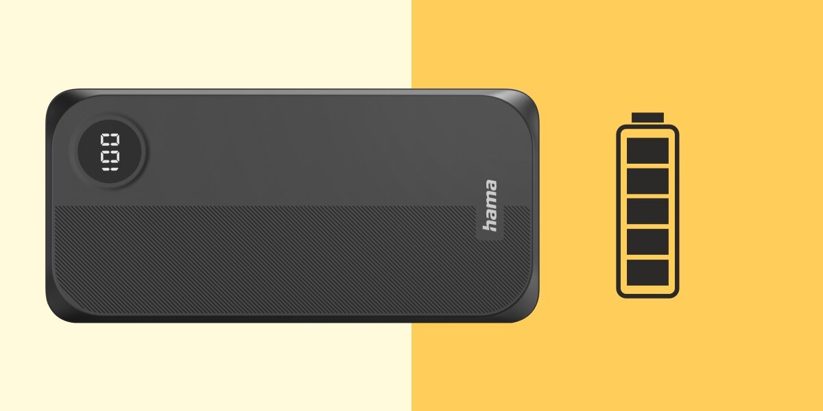 Czarny powerbank z wyświetlaczem pokazującym liczbę \'100\' oraz logo \'hama\'. Obok znajduje się ikona baterii na żółtym tle.