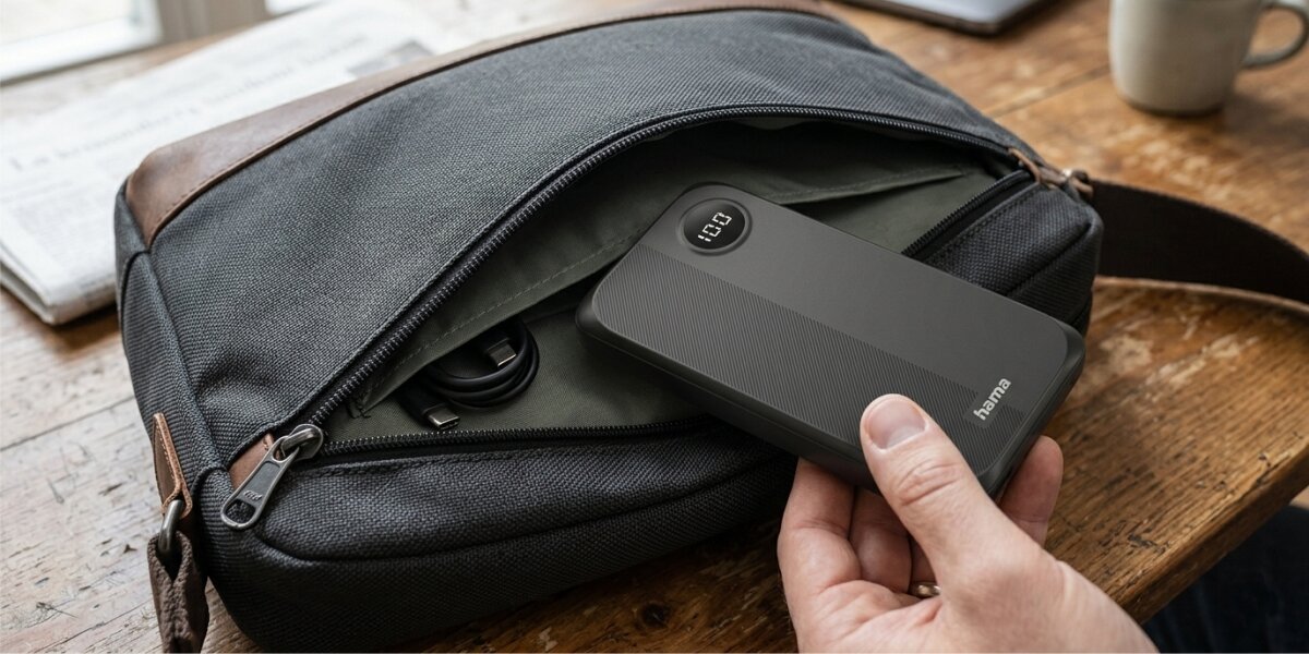 Osoba trzyma czarny powerbank z wyświetlaczem pokazującym \'100\' i logo \'hama\', wyjmując go z torby leżącej na drewnianym stole.