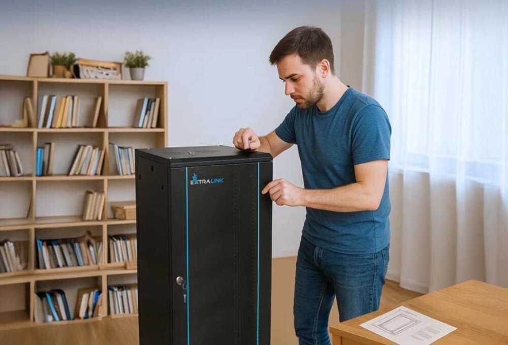 Szafa RACK EXTRALINK 19 12U EX.7263 600 x 450 mm Zdjęcie przedstawia mężczyznę w niebieskiej koszulce, który montuje czarną szafę stojącą w jasnym pokoju z regałem na książki w tle i kartką z instrukcją leżącą na biurku obok, montaż, składanie, otwory na kable