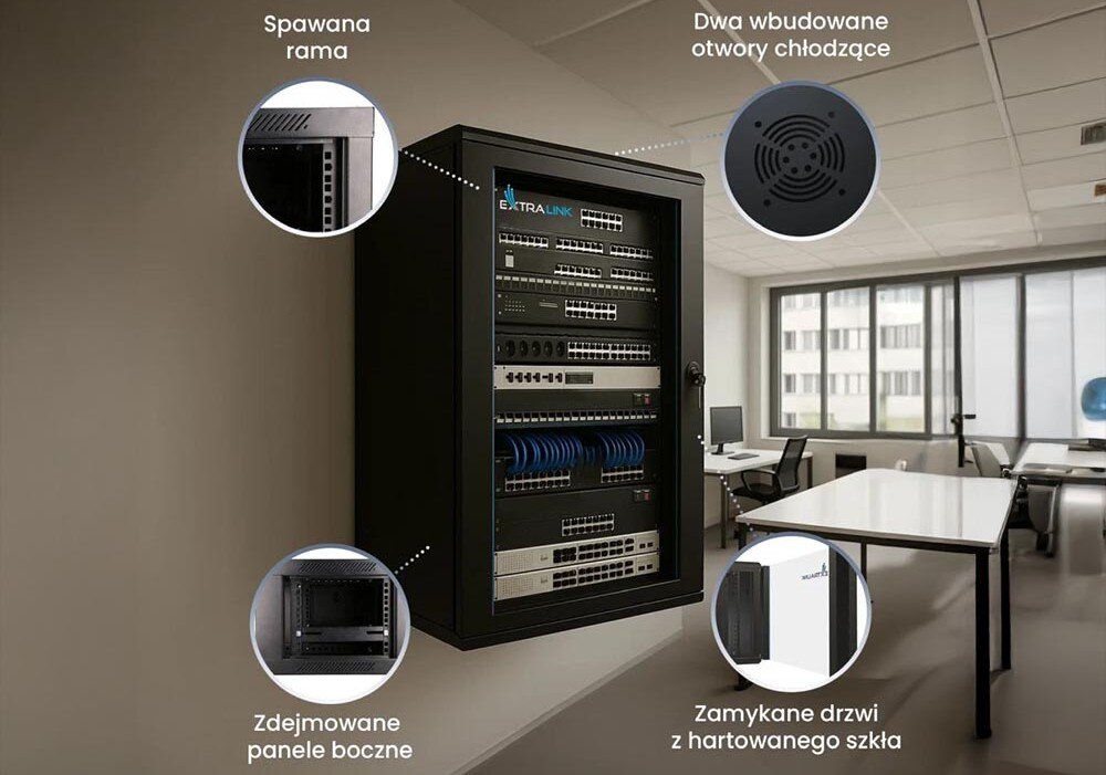 Szafa RACK EXTRALINK 19 12U EX.7263 600 x 450 mm Zdjęcie przedstawia czarną szafę z wypełnionymi urządzeniami sieciowymi, zawieszoną na ścianie w biurze, z wyróżnionymi w kółkach fragmentami: spawana rama, dwa okrągłe otwory wentylacyjne, zdejmowany panel boczny oraz frontowe drzwi z hartowanego szkła, wentylacja, serwis
