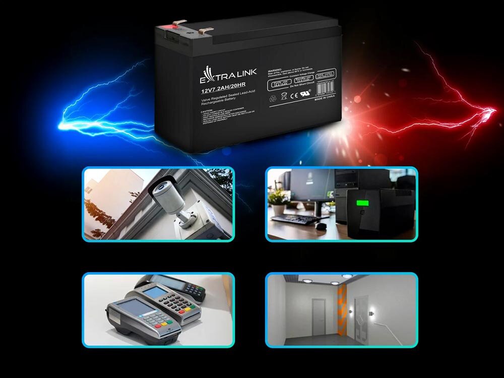 Akumulator EXTRALINK AGM EX.6327 7.2Ah 12V, wytrzymałość, montaż, bezpieczeństwo, użytkowanie, na czarnym tle z niebiesko czerwonymi piorunami i zastosowań ładowania