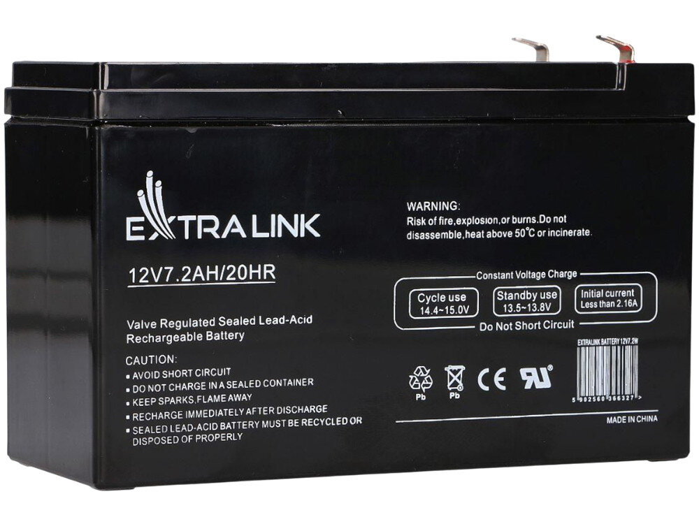 Akumulator EXTRALINK AGM EX.6327 7.2Ah 12V, UPS, cykle, przechowywanie, połączenia, na białym tle akumulator frontem lewo skos