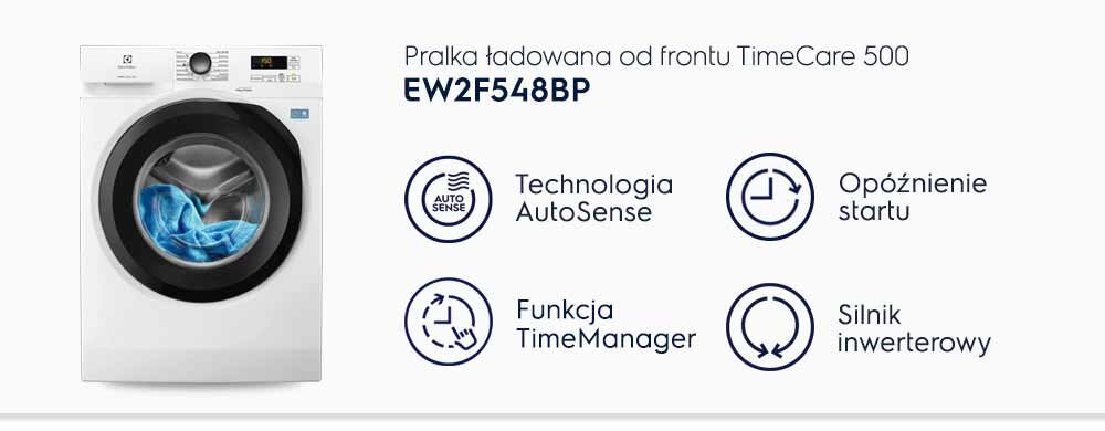 Obraz przedstawia pralkę ładowaną od frontu z widocznym bębnem i niebieskimi ubraniami w środku. Obok pralki znajdują się ikony z napisami: \'Technologia AutoSense\', \'Opóźnienie startu\', \'Funkcja TimeManager\', \'Silnik inwerterowy\'.