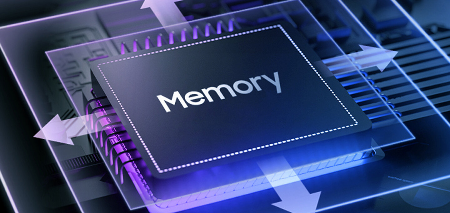 Na siatce widoczny jest tekst przedstawiający układ procesora odpowiadający pamięci smartfona Galaxy A18. Obraz przedstawia schematyczny układ scalony z napisem \'Memory\', otoczony strzałkami wskazującymi różne kierunki. Tło jest w odcieniach niebieskiego i fioletowego, z widocznymi elementami elektronicznymi.