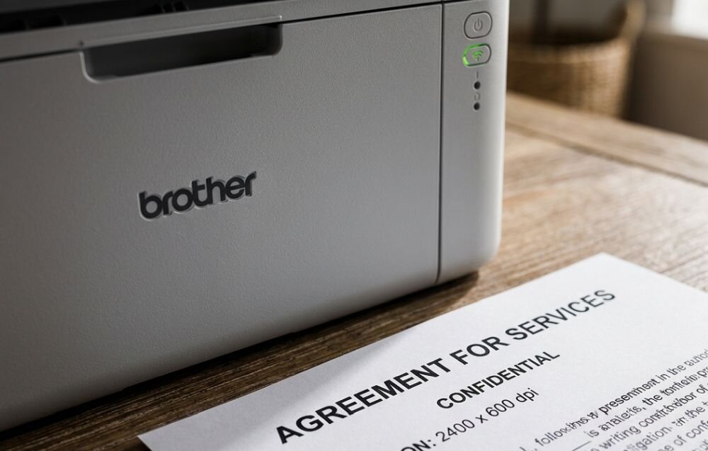 Na drewnianym stole znajduje się drukarka z widocznym logo \'brother\'. Obok leży dokument z nagłówkiem \'AGREEMENT FOR SERVICES CONFIDENTIAL\'.