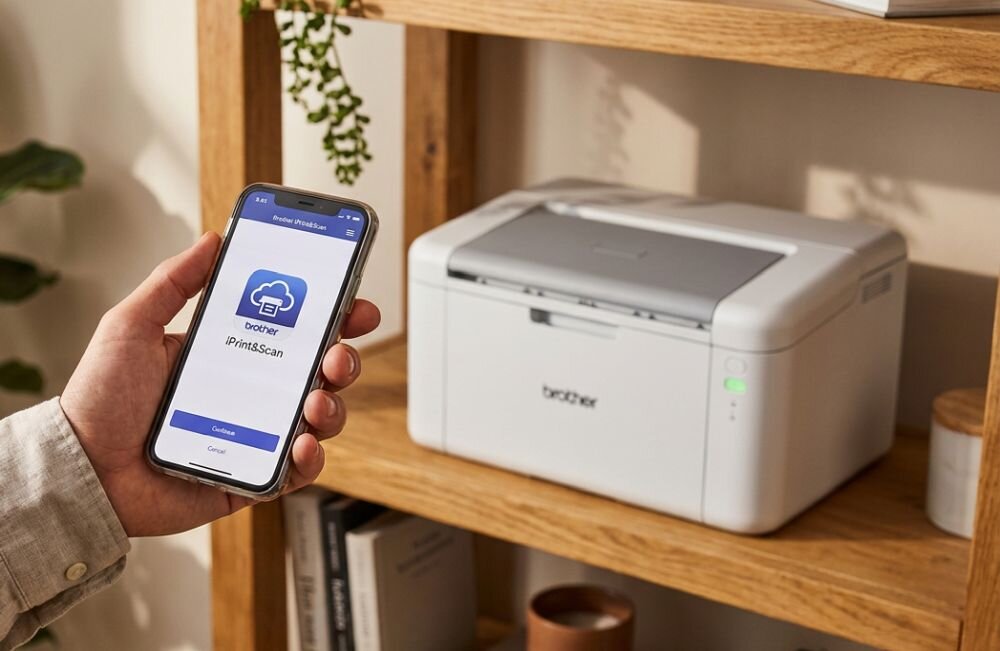 Osoba trzyma smartfon z aplikacją \'brother iPrint&Scan\' przed białą drukarką z logo \'brother\' na drewnianej półce.