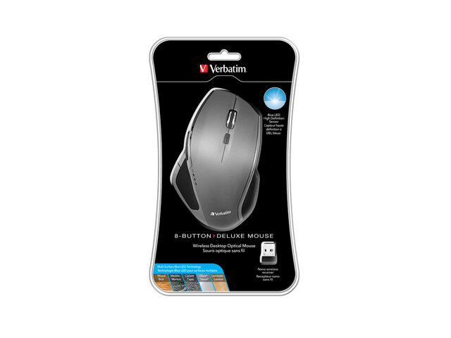 Opakowanie myszy Verbatim Deluxe w kolorze czarno-szarym z widocznym logo Verbatim. Na opakowaniu znajduje się tekst: \'8-Button Deluxe Mouse\' oraz \'Wireless Desktop Optical Mouse\'.